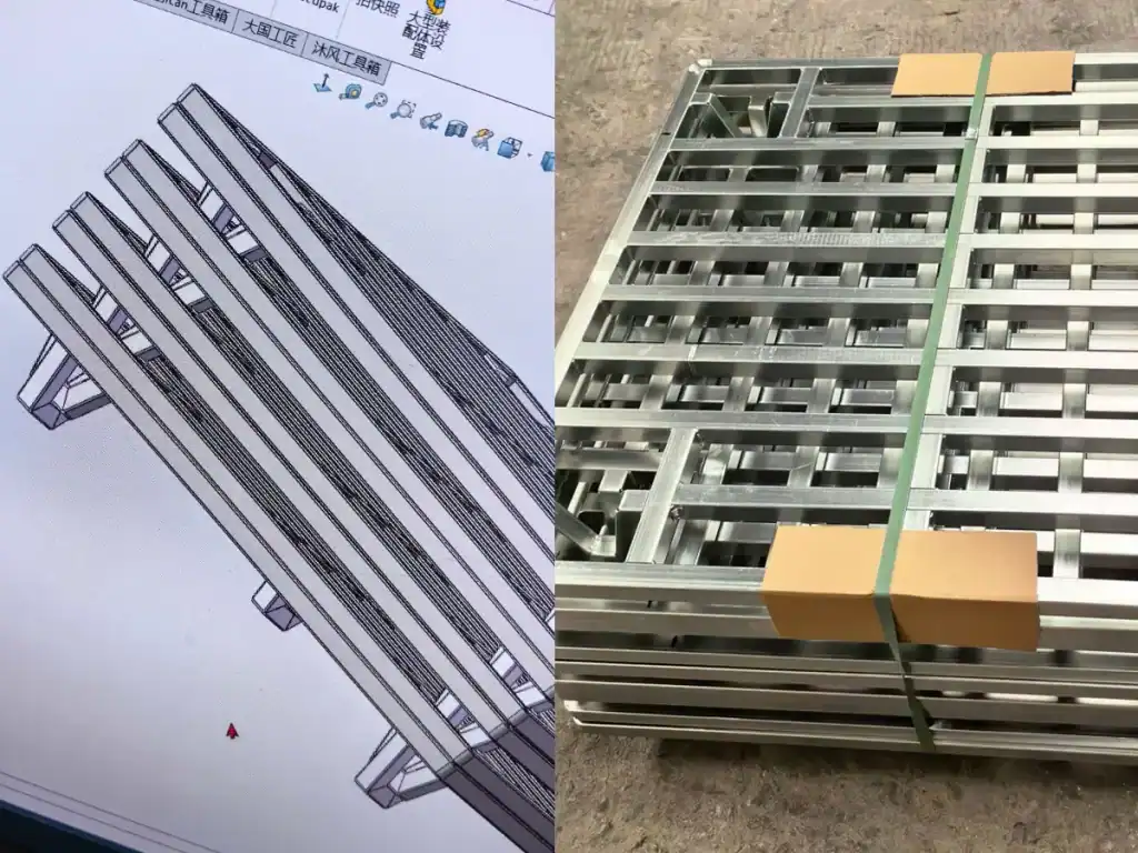 CAD drawing and finished metal frame for build-to-print manufacturing