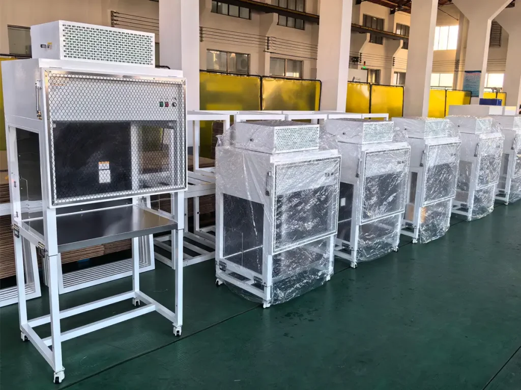 Batch of completed custom mobile clean workbenches after final assembly