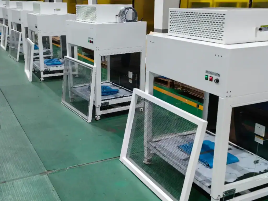 Semi-finished custom mobile clean workbenches during final assembly